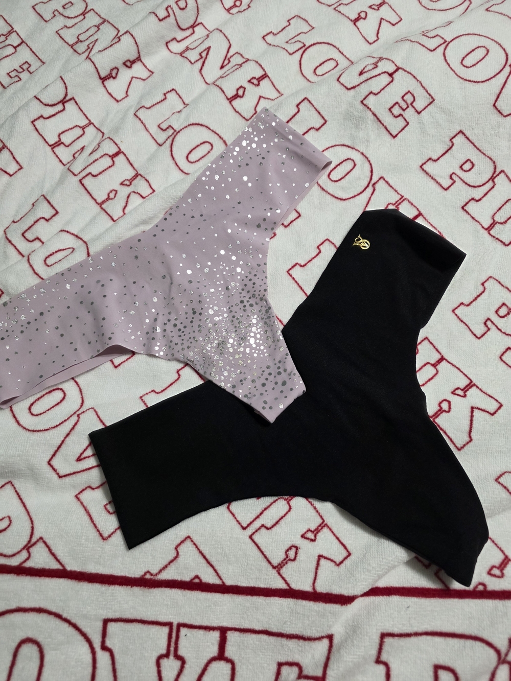 NWT Victoria's Secret Black and Light Purple Sparkle Seamless Thongs